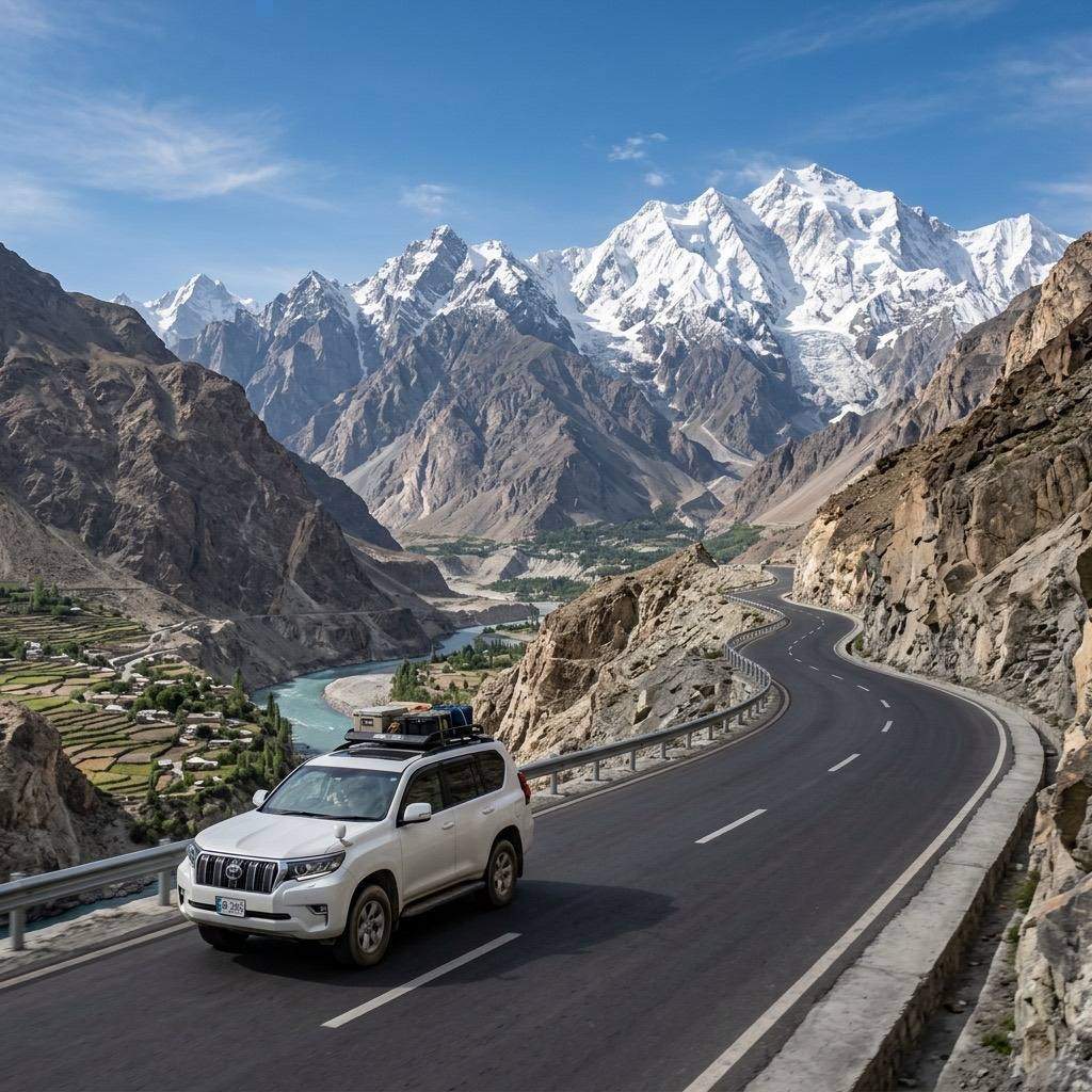 SUV driving on Karakoram Highway with Hunza Valley mountains in background