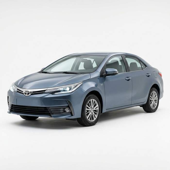 Toyota Corolla GLi 2018 — Steel blue family sedan available for rent in Lahore